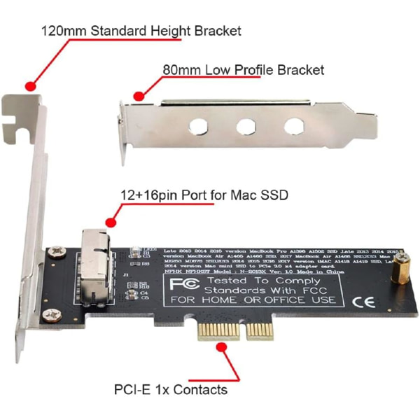 PCI Express PCI-E 1X til 12+16Pin 2013-2017 Mac Pro Air SSD Konverterkort for A1493 A1502 A1465 A1466