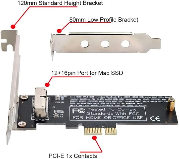 PCI Express PCI-E 1X til 12+16Pin 2013-2017 Mac Pro Air SSD Konverterkort til A1493 A1502 A1465 A1466