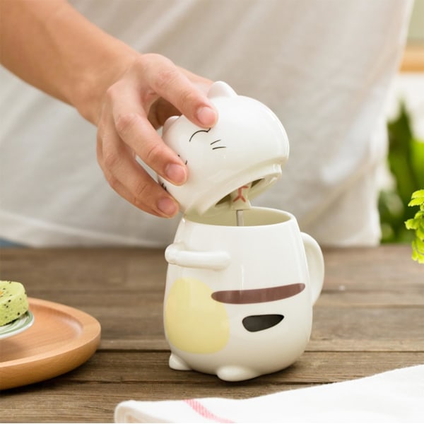 Kattmugg med Lock Rolig Kaffemugg Kopp 400 ml Kattgåva Keramisk Temugg med Sked Te Kaffekopp Julmugg Födelsedagspresent # A Cat cup with lid and spoon