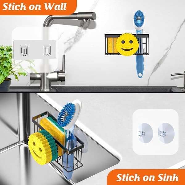 Smiley Face Svamphållare & Diskställ - 2 Sugproppar + Självhäftande Rem Kitchen Organizer för Svamp, Tvål & Diskborste