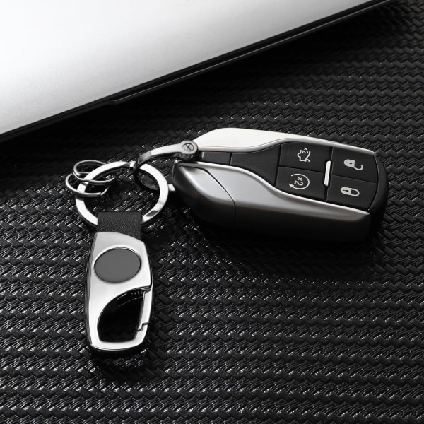 Karabinhage nøglering, nøgleringe til bilnøgle med 2 nøgleringe og anti-tabt D-ring, multifunktionelle nøgleringe til mænd og kvinder-sølv (sort læder) Silver Black Leather