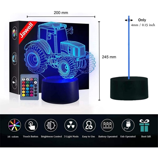 Julgåva Traktor 3D Illusion Bredvid Bordlampa, 16 Färgväxlande Touch Switch Dekoration Födelsedagspresent med Akrylplatt & ABS-bas &