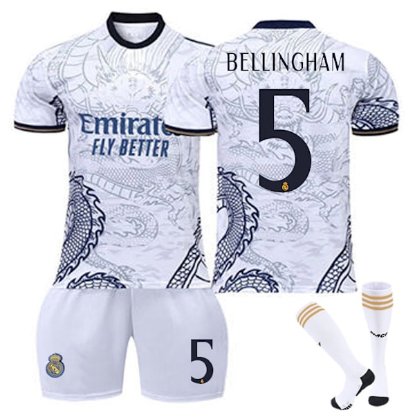 23-24 Real Madrid Dragon White Special Edition Fotballdrakter Barnefotballsett No.5 Bellingham XXL