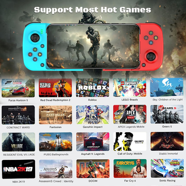 Bluetooth-kontroller för iPhone, Android, direkt spel, låg latens, telefonkontroller spelkontroll joystick för Galaxy S23 S22 S21 20 Ultra, iPhone 14 13 1 Blue+Red