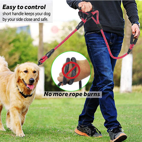 Hundehalsbånd, 5 FT Heavy Duty Dobbelthåndtak Hundeleie med Komfortabel Polstret og Reflekterende, Tau Hundeleie for Små, Mellomstore, Store Hunder (Tau-Rød) Red Large,Medium,Small