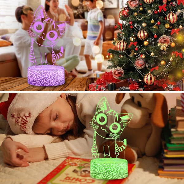 Kattelampe 3D Illusion Natlampe Skrivebordslampe, 7 Farver Auto Gr