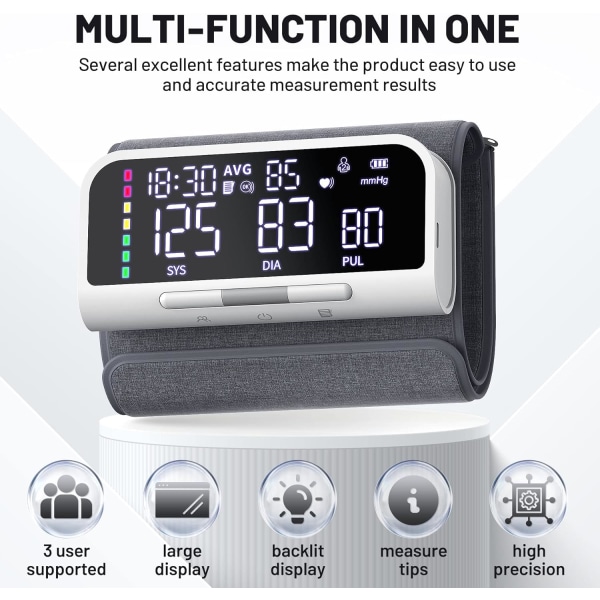 Blodtrykksmåler Automatisk Overarm Maskin & Nøyaktig Justerbar Digital BP Mansjettsett Stor Bakgrunnsbelyst Skjerm 240 Sett Minne Inkluderer Lading