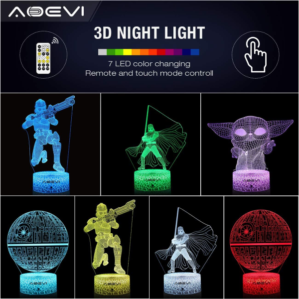 Tähtien sota -lahjat 3D yövalo lastenhuoneen sisustukseen, Tähtien sota -lelut 7 värillä vaihtuvalla Starwars-lampulla kaukosäätimellä ja ajastimella, lahjat veljelle