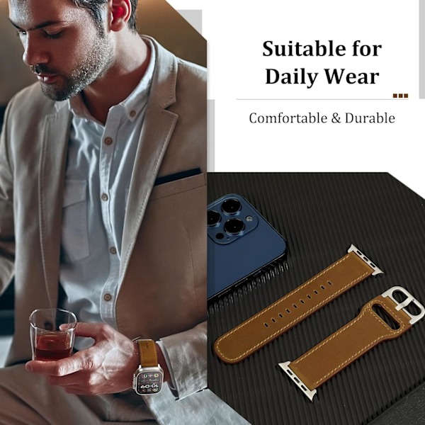 Kompatibel med Apple Watch Armband 49mm/46mm/45mm/44mm/42mm för Män Kvinnor, Äkta Läderarmband av Högsta Kvalitet för iWatch Ultra 2/1 Retro Brown/Titanium
