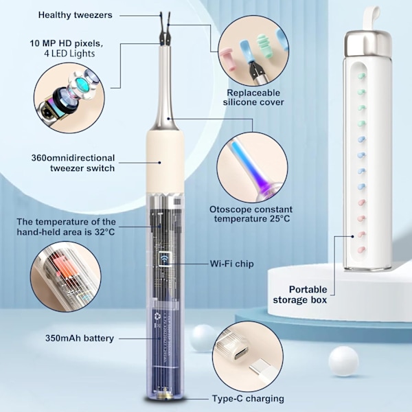 Ørepinsett med kamera og sanntids fjernvideo, 3-i-1 ørerenser ørevoksfjernersett med ørepinsett og pinsettmodus, 10MP ørekamera otoskop wi White