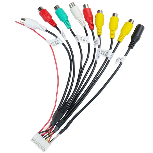 20-bens ledningsnet med 9 RCA-stik, integrerer video, AUX, subwoofer og mikrofonindgange for problemfri integration, til A 20Pin Connector with 9RCA Plug