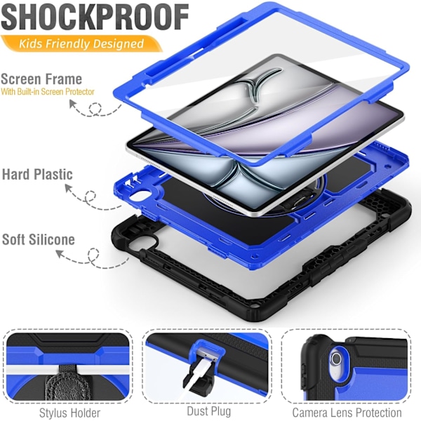 Cover til iPad Air 13 tommer (M3 2025) & (M2 2024), Sh0ckproof Design med Pencil Holder/Skærmbeskytter/Roterende Håndrem, Beskyttelse Blue New iPad Air 13 20242025