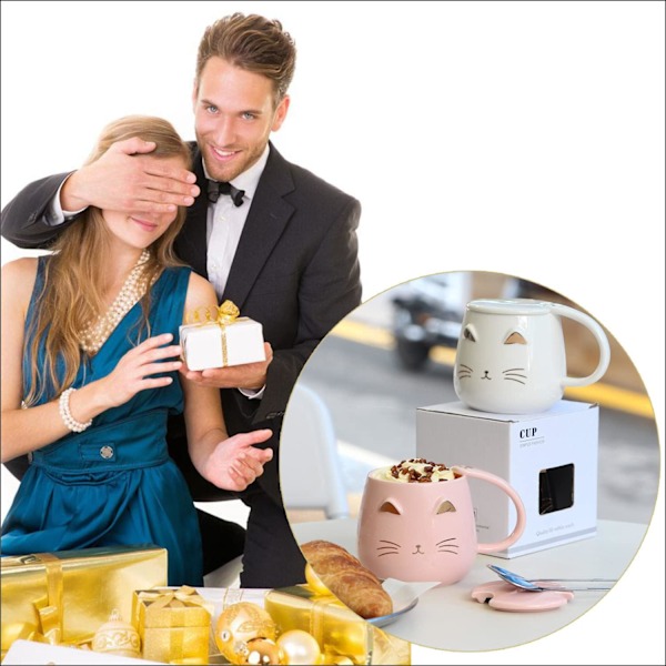 Katt Krus Søt Kaffekrus gave til katteelskere Keramisk Kopp, Nyhet Krus med Lokk og Rustfritt Stål Skje, Jule Bursdagsgaver P White