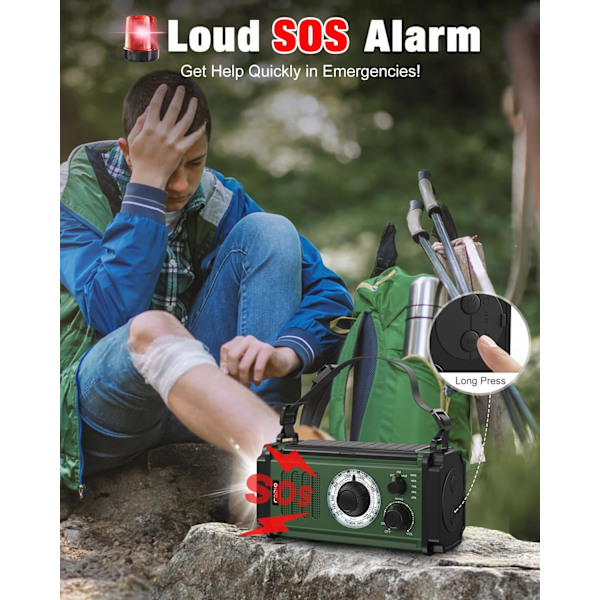 Nødradio, Solradio, 37000mWh håndsvingradio, NOAA AM FM vejrradio, 5 opladningsmetoder, polymerbatteri, lommelygte & læselampe, SOS-alarm Green