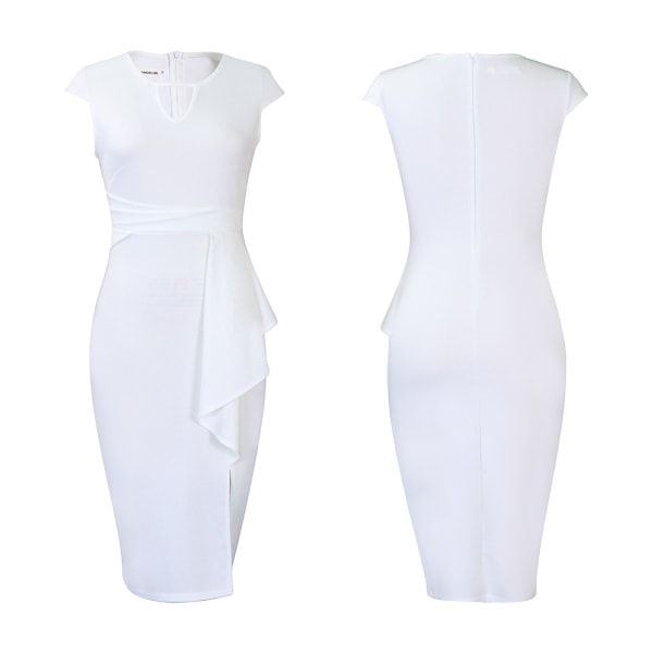 Mode temperament Sexet ensfarvet plisseret kjole (hvid M)
