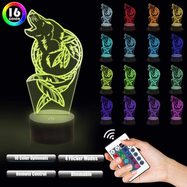 Wolf Drømmefanger Illusjon 3D-lampe, Ulvegaver Barn 3D Nattlampe