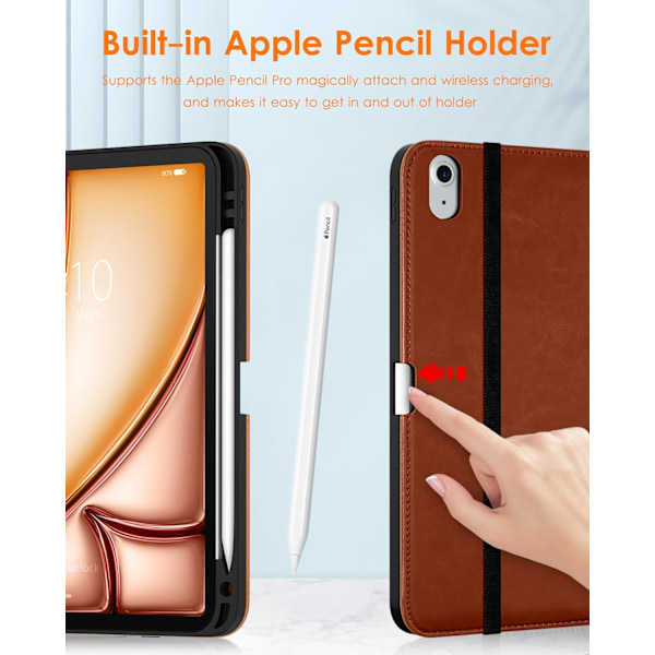 iPad Pro 11-tums Fodral M2 (2024), Premium Läder Business Folio Ställskydd med Pennhållare - Auto Sleep/Wake Brown Apple