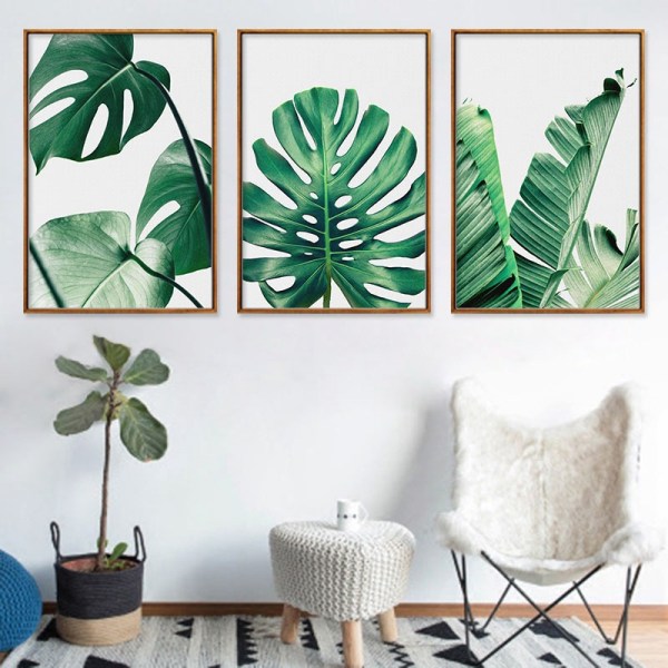 Botaniske vægkunsttryk Sæt med 3 tropiske blade Lærred Dekor Planteblad Boho