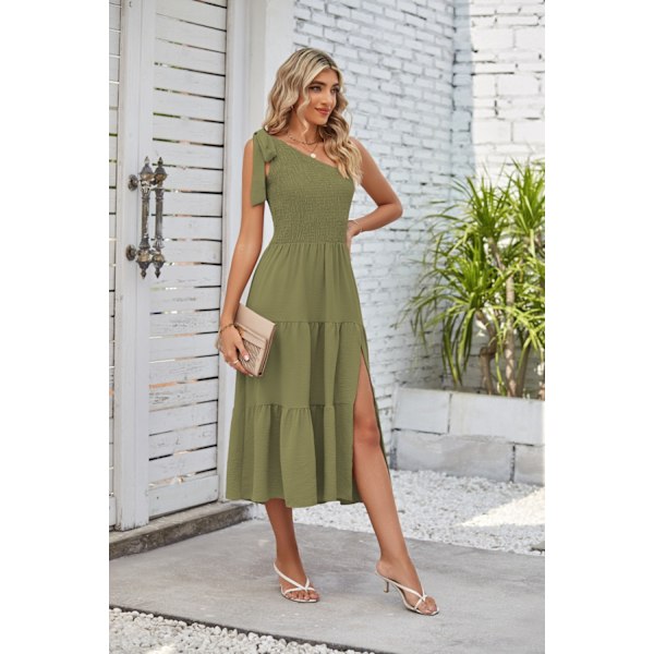 eveless Ruffle Hem Flowy Boho Maxi Kjoler (Militærgrøn M)
