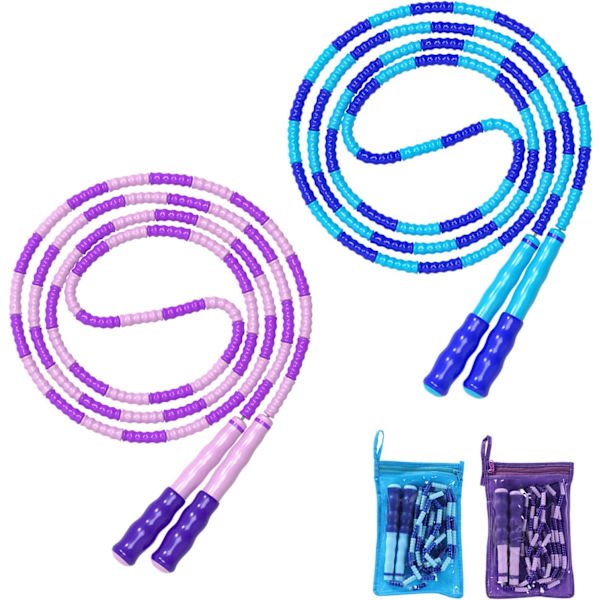 Hopprep, justerbar längd trasselfri segmenterad mjuk pärlad hopprep, fitnesshopprep för barn, man och kvinnor viktminskning 9,2 fot Blue Purple