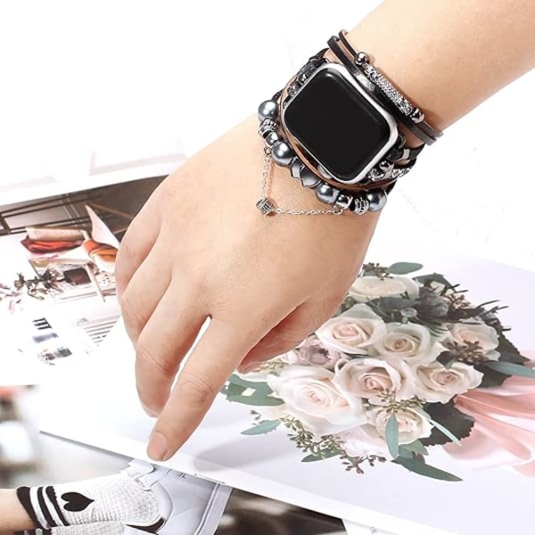 Elegant Läderarmband Kompatibelt med Apple Watch Armband 38mm/40mm, 42mm/44mm för Kvinnor Män Boho iWatch Armband Ultra Series 7 6 5 4 3 2 Black Heart 38/40