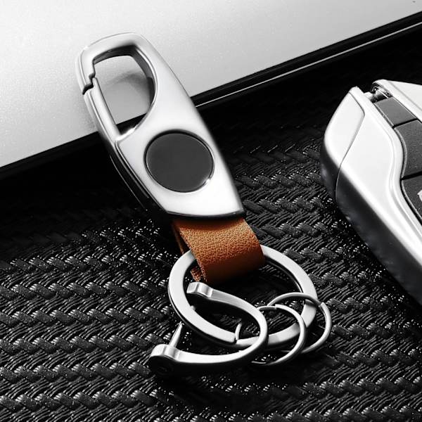 Karabinhage nøglering, nøgleringe til bilnøgle med 2 nøgleringe og anti-tabt D-ring, multifunktionelle nøgleringe til mænd og kvinder-sølv (brunt læder) Silver Brown Leather
