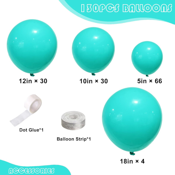 130 stk. Blågrønne balloner i forskellige størrelser 18\" 12\" 10\" 5\" Ballonbue guirlande sæt perfekt til fødselsdagsfest, dimission, babyshower, bryllup, ferie Tiff Blue