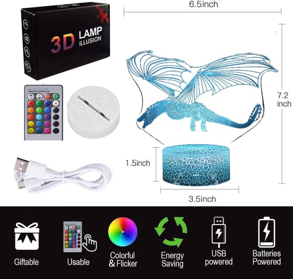 3D Lampe Optisk Illusjon Nattlys, 16 Farger Endres med R