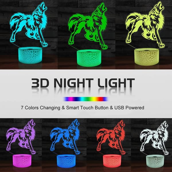 3D Ulv Lampe Illusionsnattelys LED Ulv Skrivebordslamper 7 Fargeendring Berøringskontroll