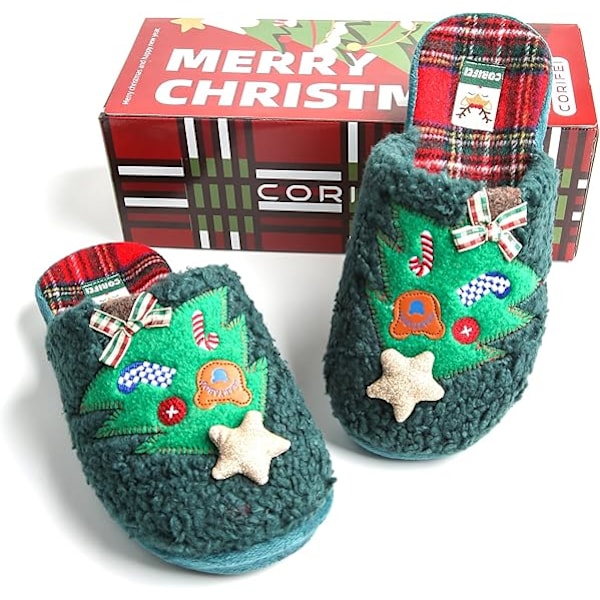 Jultomtestofflor för kvinnor med bågstöd Minnesskum Hushållsskor för damer med gummisula Vinter inomhus tofflor Julgran broderad Green 39/40