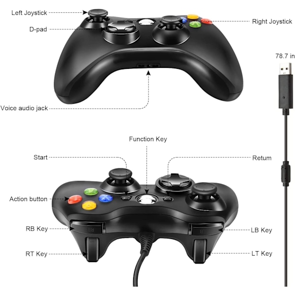 Xbox 360-kontroller, USB-kablet gamepad-joystick med forbedret dobbel vibrasjon og ergonomisk design for Microsoft Xbox 360 & Slim & PC Windows 7/8/10(B