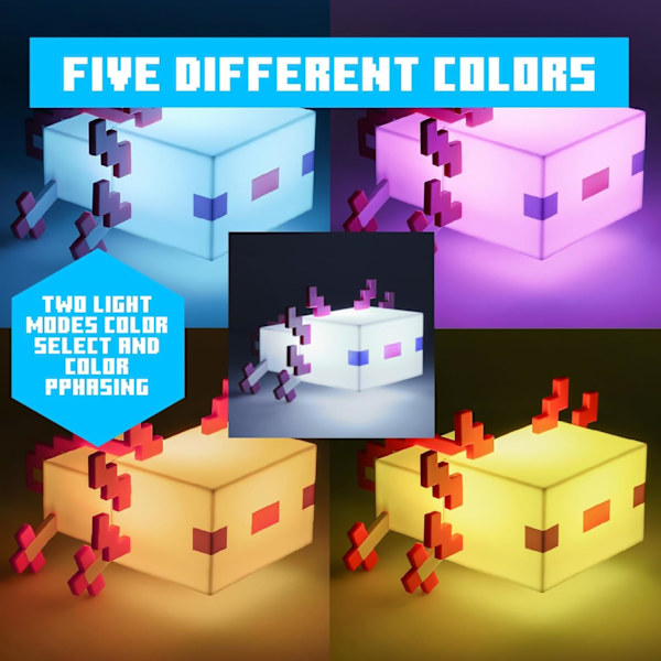 Minecraft Axolotllampa, Fem Färglägen, Minecraftlampa för att Dekorera Ditt Spelbord eller Nattduksbord