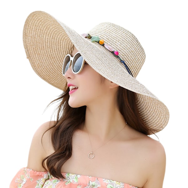 Dame Solhat i Strå, Stor Floppy Foldbar Strandhat Solhat Sum Beige