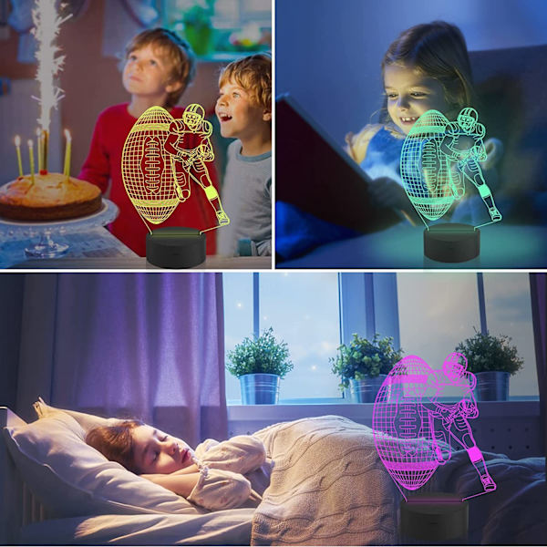 Fodboldspiller 3D Natlys, Attivolife Rugby Illusion LED Lampe med Fjernbetjening & Berøringskontrol