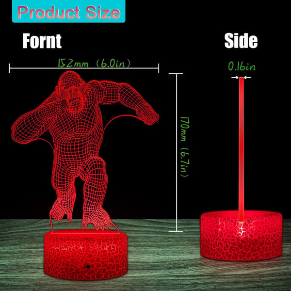3D Gorilla Lampe Optisk Illusion Natlampe, 16 Farveændringer