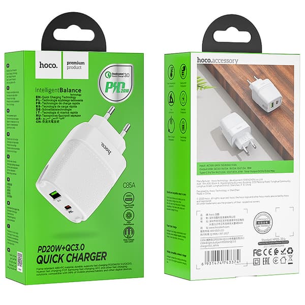 hoco. C85A Yilang dual-port PD20W+QC3.0 oplader til Apple 12