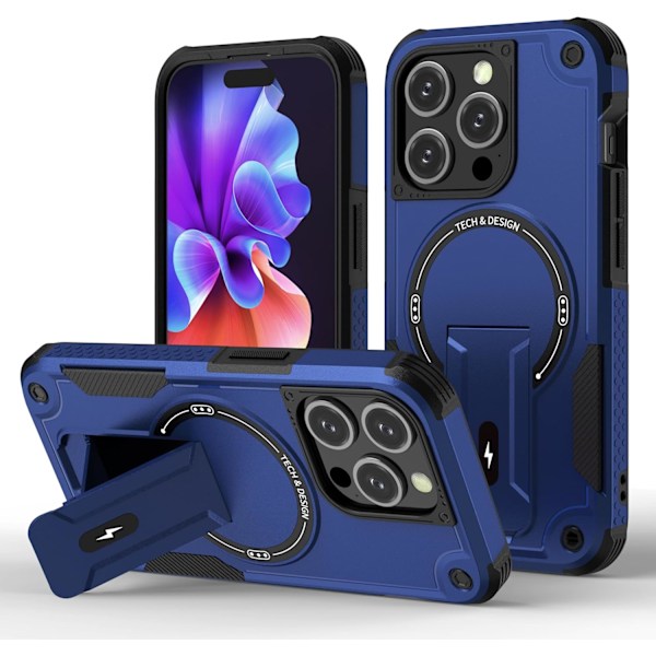 Magneettinen iPhone-kotelo telineellä, yhteensopiva MagSafen kanssa, kestävä sisäänrakennettu teline, sotilasluokan pudotusturva iskunkestävä iPhoneille Blue iPhone 15 Plus