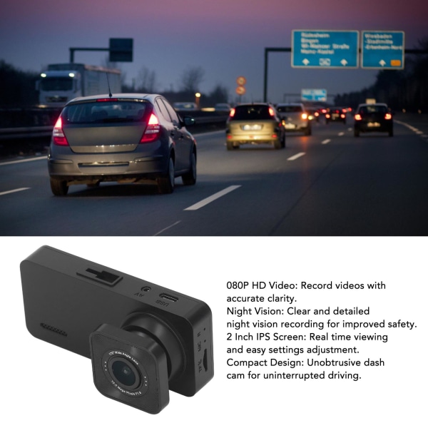Dashcam med tre roterbare linser, HD1080P nattesyn, 2 tommer ISP-skærm, parkeringstilstand, lille bilkamera til bil