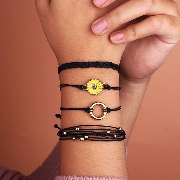 Solrossträngarmband Handgjort Flätad Rep Charm Boho Surfer Armband för Kvinnor Black