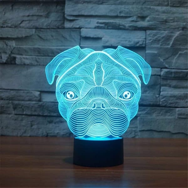 Mops Hund 3D Optisk Illusjon Akryl Nattlys Berøringsbryter
