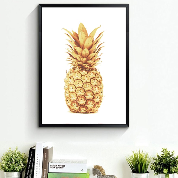 Kultainen ananas ja tekstiseinä taidekankaan painatusjuliste, yksinkertainen muotitaidepiirustus