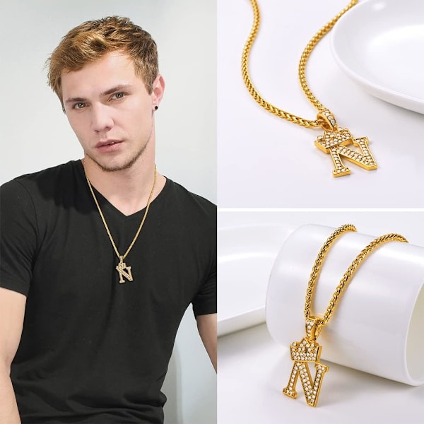 Krone Initial A-Z Halskæde, Iced Out Bogstav Vedhæng med 22-24 Tommer Kæde, Mænd Kvinder Bling Hip Hop Alfabet Navn Smykker Gave Store Initialer Halskæder N 18K Gold