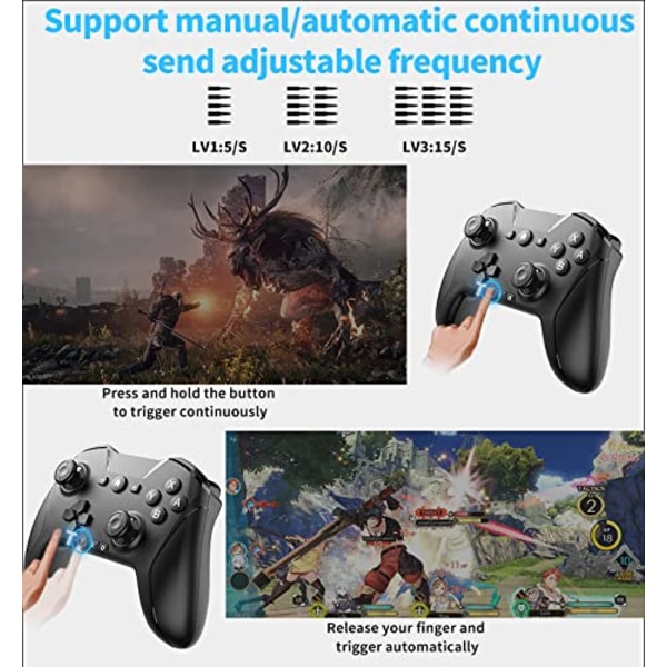 Bluetooth-kontroll för Switch/PC/Steam/Apple Arcade MFi-spel etc., Switch Pro-kontroll trådlös med justerbar dubbelrörelse, Turbo, Makron, 6-axlig Black