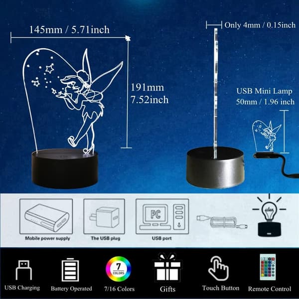 Tinker Bell 3D Nattlampe, Tinkerbell-lampe for barn/gutter