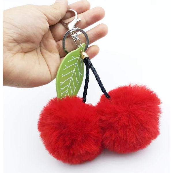 Pom Pom Nøkkelring Kunstig Pels Ball Nøkkelringer Fluffy Tote Anheng Bil Veske Sjarme Cherry Red