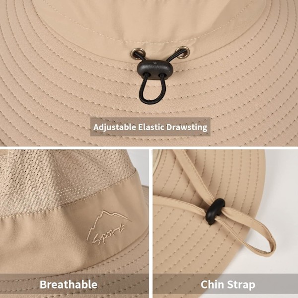 Solhatter for menn og kvinner fiskehatt UPF 50+ pustende bredbremmet sommer UV-beskyttelseshatt Khaki