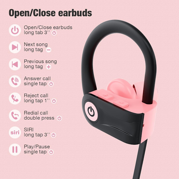 Bluetooth-hörlurar, trådlösa löparhörlurar med 16 timmars speltid, HD Deep Bass Stereo IPX7 Vattentäta hörlurar Bluetooth 5.3 Ljudisolering Pink