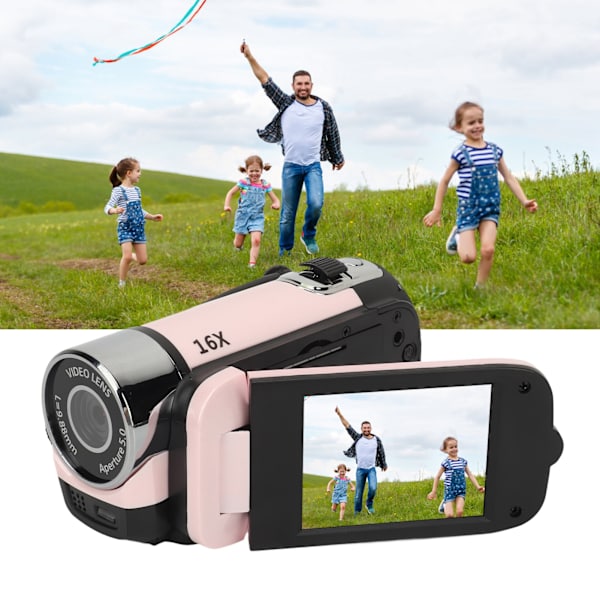D90 1080P 16MP Digitalkamera 2,4 tum roterbar skärm Videokamera 16X zoom HD videobandspelare med fyllningsljus Pink