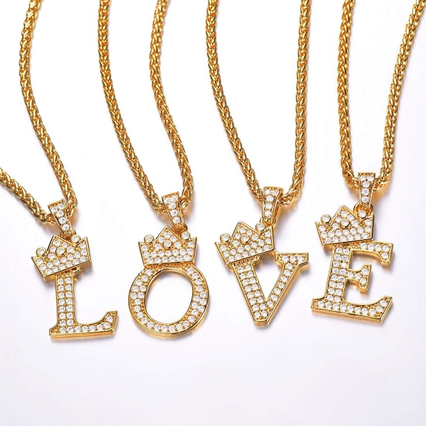 Krone Initial A-Z Halskæde, Iced Out Bogstav Vedhæng med 22-24 Tommer Kæde, Mænd Kvinder Bling Hip Hop Alfabet Navn Smykker Gave Store Initialer Halskæder Q 18K Gold