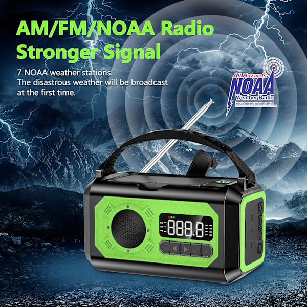 12000mAh Käsikäyttöinen Hätäradio, AM/FM/NOAA, Monitoiminen Aurinkoenergialla Toimiva Radio, 2 Aurinkopaneelia, USB-Lataus, Taskulamppu & LED-Lukuvalo, SOS-Hälytin Green